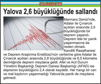 Yalova 2,6 büyüklüğünde sallandı