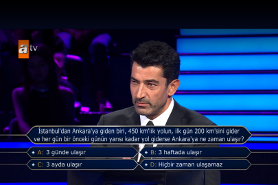 İstanbul'dan Ankara'ya giden bir 450 km'lik yolun, ilk gün 200 km'sini gider ve her gün bir önceki günün yarısı kadar yol giderse Ankara'ya ne zaman ulaşır?  Kim Milyoner Olmak İster Soruları